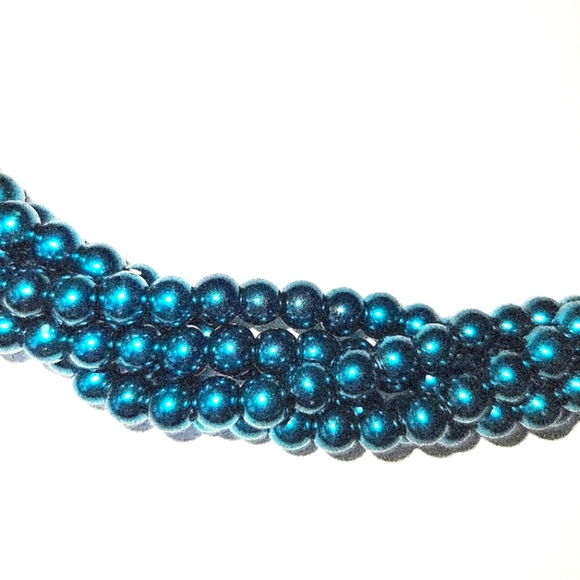 Peacock Teal Faux Pearl, MultiStrand(Torsade)Twisted Necklace Silvertone - Picture 2 of 5